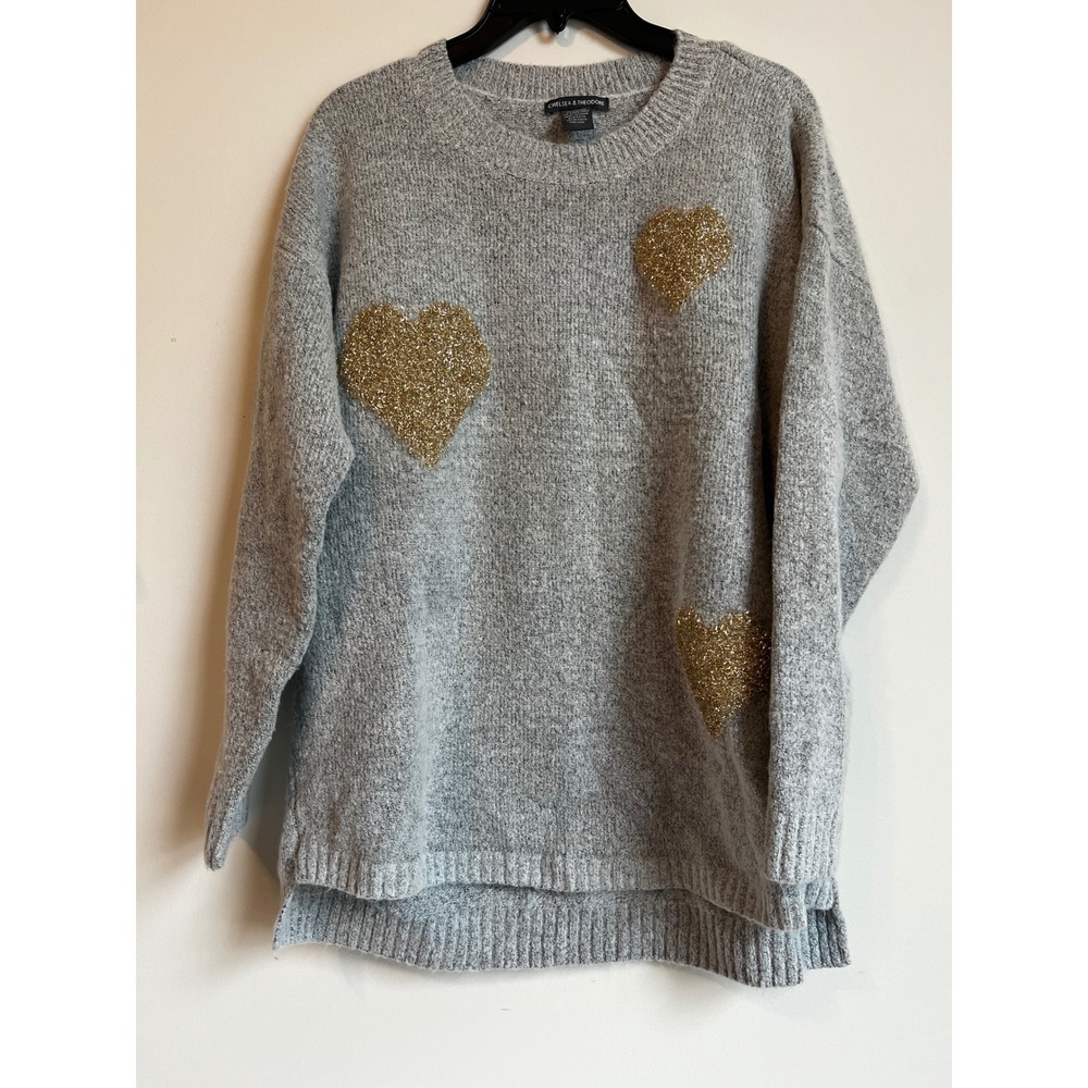 Chelsea & Theodore Womens Gray Glitter Heart Long Sleeve Crew Neck Sweater Sz L